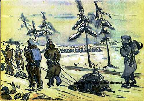 Hand Painted picture of Stalag III P.O.Ws on forced March as painted by Flt. Ltn. H.J.W. Bareham in his P.O.W. Diary